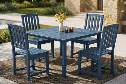 HDPE Outdoor Dining Set for 4, Square Table & Chairs Set | • All-Weather Polywood Composite • 410 lbs Heavy-Duty Support • Built-In 2" Umbrella Hole • Easy Soap-Water Wash