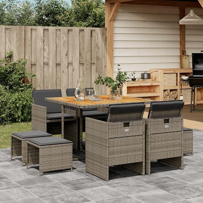 9 Piece Patio Dining Set with Cushions Gray Poly Rattan Outdoor Furniture Table and 4 Chairs with Stools Foldable Space Saving Acacia Wood Top Heavy Duty Weather Resistant for Garden Backyard