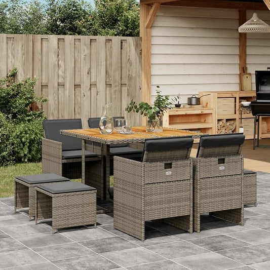 9 Piece Patio Dining Set with Cushions Gray Poly Rattan Outdoor Furniture Table and 4 Chairs with Stools Foldable Space Saving Acacia Wood Top Heavy Duty Weather Resistant for Garden Backyard