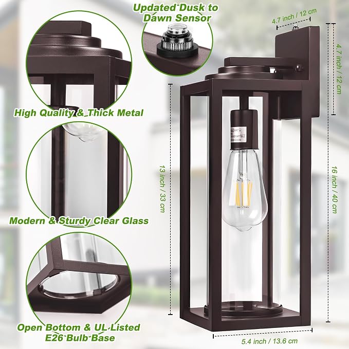 FILIYANO Large Dusk to Dawn Outdoor Wall Lights, Oil Rubbed Bronze, 2 Pack | 16 Inch, Anti-Rust, Waterproof, Brown Exterior Fixtures with Photocell, Modern Farmhouse Sconces for Garage, Porch,Front Door