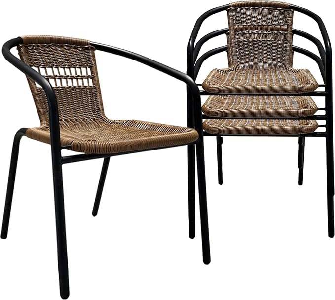 4 Pack Brown Stackable Outdoor Rattan Chairs, All-Weather Patio Seating for Balcony Porch Lawn, Small Patio Furniture Set for Front Porch Decor & Outdoor Spaces
