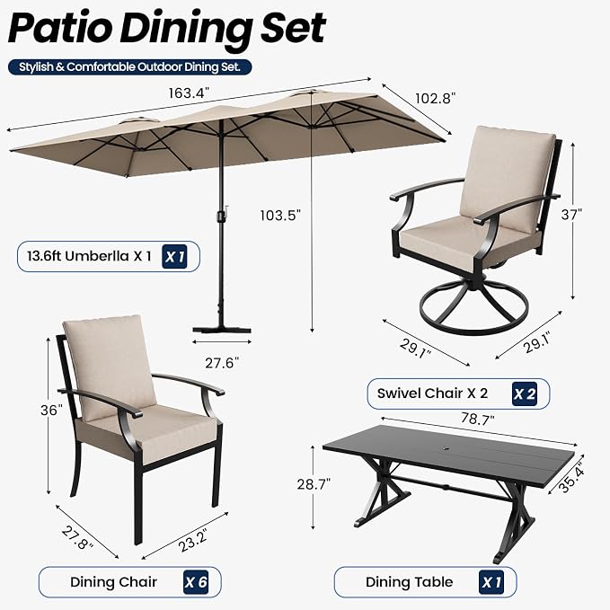 10 Piece Outdoor Dining Set for 8, Patio Table and Chairs Set with Umbrella & Cushions, Patio Furniture Set with 2 Swivel Chairs, Metal Dining Table with Umbrella Hole for Lawn Garden Yard-Sand