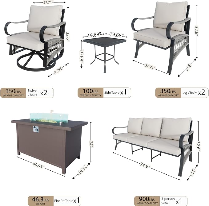 7 Pieces Outdoor Patio Conversation Sets, Outdoor Furniture Set Metal 3-Seater 2 Swivel Rockers with Side Table 2 Single Chairs with Fire Pit Table for Backyard Deck Porch Poolside, Beige