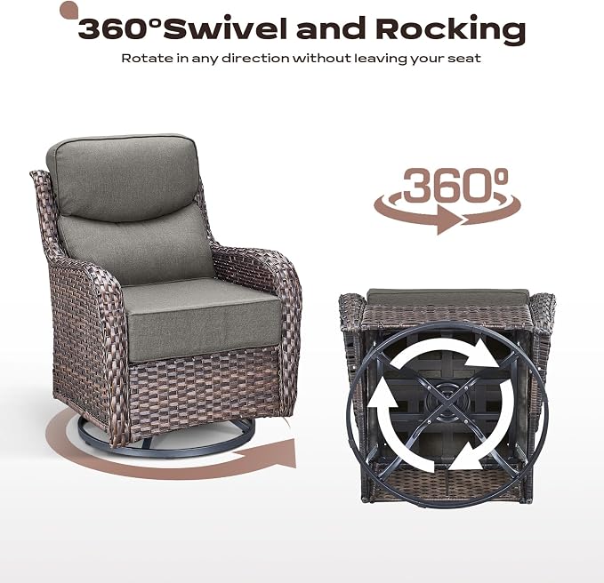 Rilyson Outdoor Swivel Rocker Chairs - All Weather Resistant Wicker Patio Furniture Set of 4 with High Back and 6 inch Thick Cushions for Deck Porch Yard and Poolside, Brown/Grey