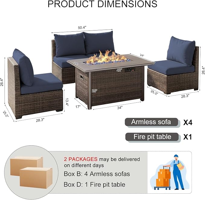 5 Pieces Patio Furniture Set with Fire Pit Table, Outdoor PE Rattan Sectional Sofa with Soft Cushions for Backyard, Porch, and Poolside (Blue, 5 PCS w/Firepit)