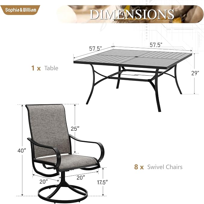 Sophia & William Outdoor Dining Set for 8 Patio Dining Sets 9 Pieces Patio Table and Chairs Set 57.5" Square Outdoor Dining Table with Swivel Patio Chairs for Garden Pool All Weather (Brown)