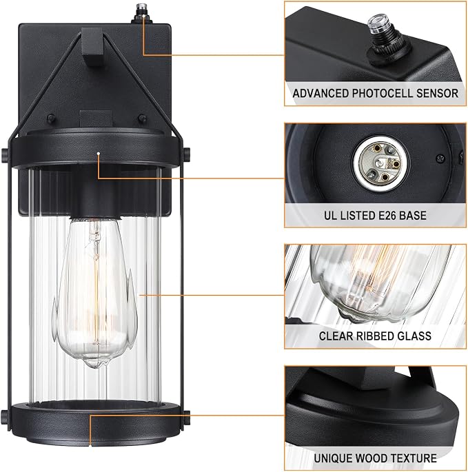 Dusk Dawn Sensor Outdoor Wall Sconce Black Exterior Porch Lantern | Waterproof Outside Garage Light Fixtures Wall Mount for House Patio Entryway