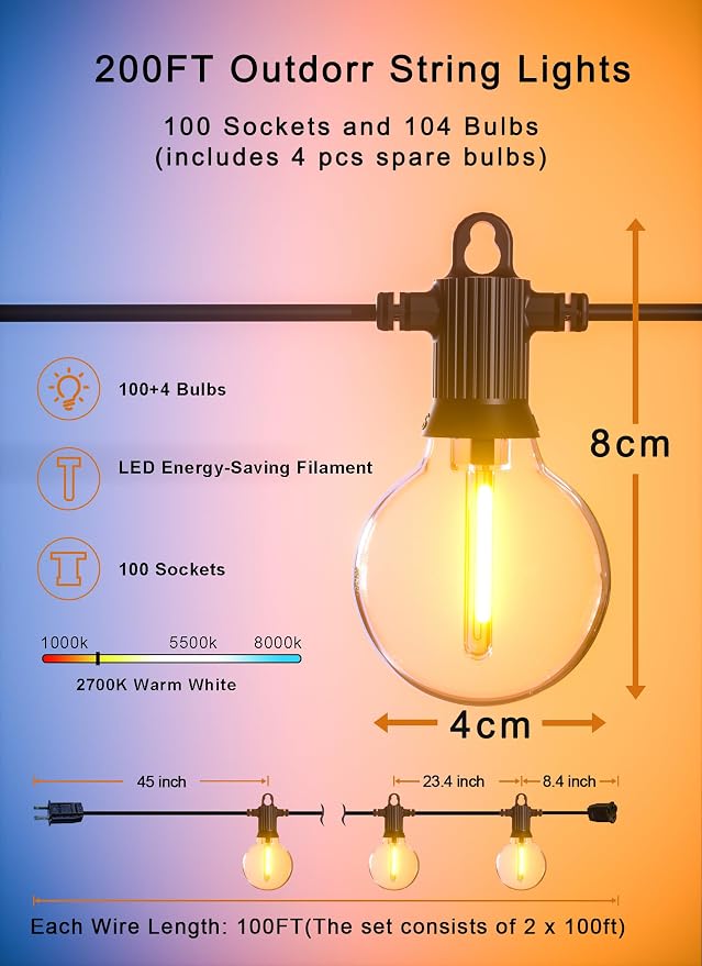 Zuske Outdoor String Lights, 200FT Patio Lights with 100 Shatterproof G40 Globe Bulbs(4 Spare), Waterproof Connectable Dimmable LED Hanging Lights for Outside Backyard Porch Balcony Gazebo (100FT x 2)