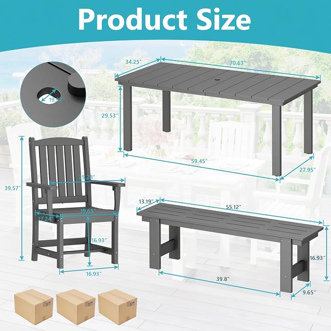ROCSUMOO 6-Piece Outdoor Dining Table Sets, Patio HDPE Dining Table and Chair Set with Umbrella Hole, All Weather Outdoor Dining Furniture Set (Grey, 1 Table + 4 Chairs + 1 Bench)