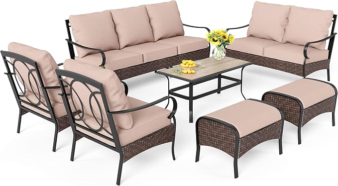 PHI VILLA Outdoor Patio Furniture Set，Premium Rattan Wicker Metal Patio Conversation Sets for Backyard w/Coffee Table, Seat Cushions