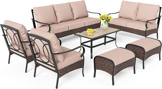 PHI VILLA Outdoor Patio Furniture Set，Premium Rattan Wicker Metal Patio Conversation Sets for Backyard w/Coffee Table, Seat Cushions