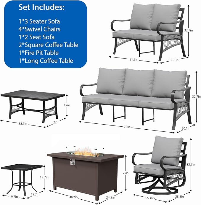 10 Piece Patio Furniture Set, All Weather Metal Outdoor Conversation Set with 50000 BTU Propane Fire Pit Table and 5" Thick Cushions, Sectional Sofa for Garden, Porch, Lawn, Grey