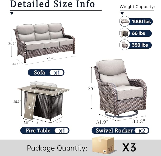 Luxury High Back Outdoor Furniture 6-Inch Thick Cushions with 50,000 BTU Gas Propane Fire Pit Tablet, Patio Furniture Set with Swivel Chairs, for Porch, Balcony, Deck and Yard