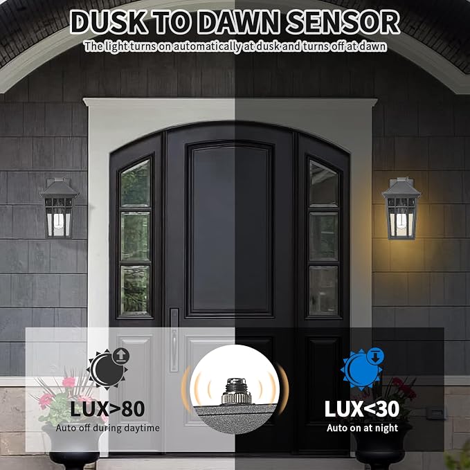 Darkaway Dusk to Dawn 14inch Outdoor Wall Lights E26 Socket | Exterior Lighting Wall Mount Porch Lights Black Outdoor Sconce Lights with Seeded Glass for House Patio Hallway Garage