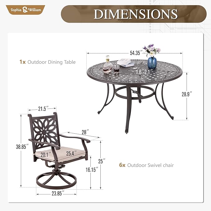 Sophia & William 7pc Outdoor Dining Set, Cast Aluminium | cast aluminum,Powder-Coating,waterproof rust proof,umbrella hole 2.2"