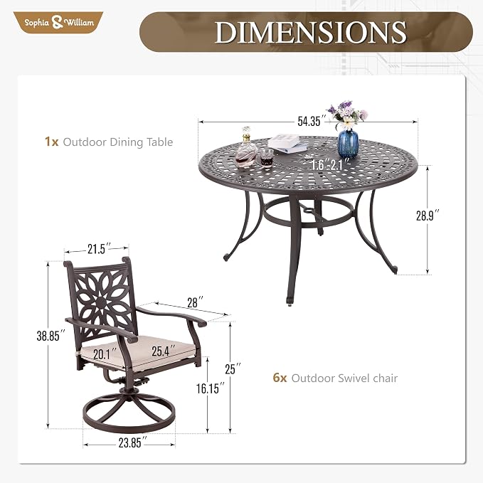 Sophia and William Patio Dining Set, for 6, Swivel Chairs | Cast Aluminum, Round Table, 2.2" Umbrella Hole
