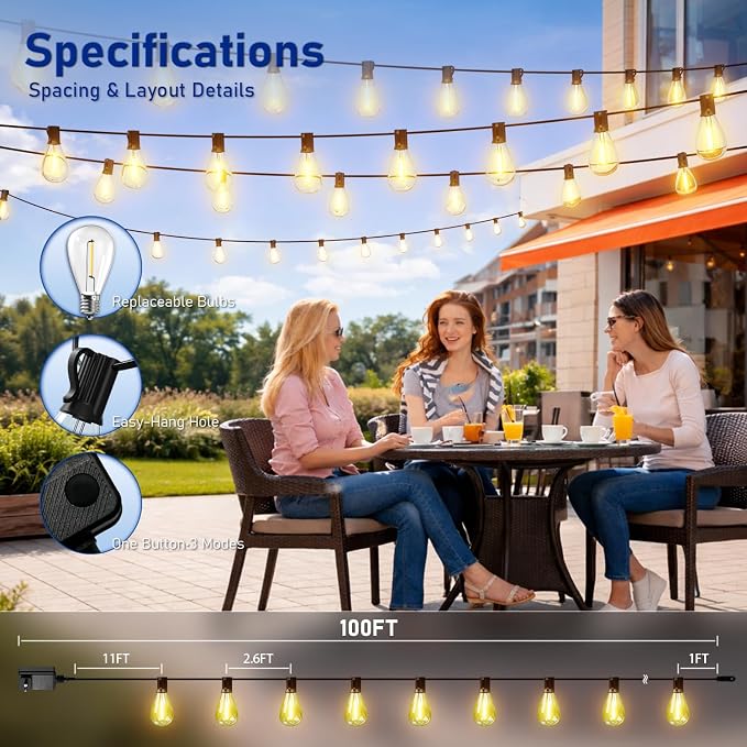 100FT Outdoor String Lights with Remote & Dimmable, 35+1 Shatterproof Waterproof Bulbs, Dimmable Outside Hanging Patio Lights for Backyard, Porch, Deck, Garden 2200K Warm Yellow