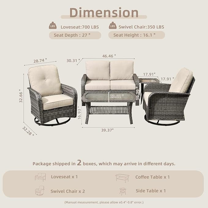 CAODOC 5 Pieces Patio Furniture Set,Outdoor Furniture with Rockers, Rattan Conversation Sets w/Coffee Table, Grey Wicker Light Beige Cushion