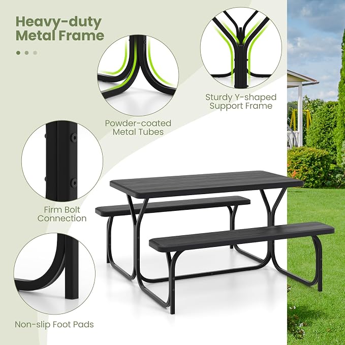 S AFSTAR Picnic Table, 59” Plastic Picnic Table with Benches, Steel Frame & Wood-Like Texture Tabletop, Expanded Rectangular Camping Table Chair Set for Garden Patio Lawn Deck (Black)