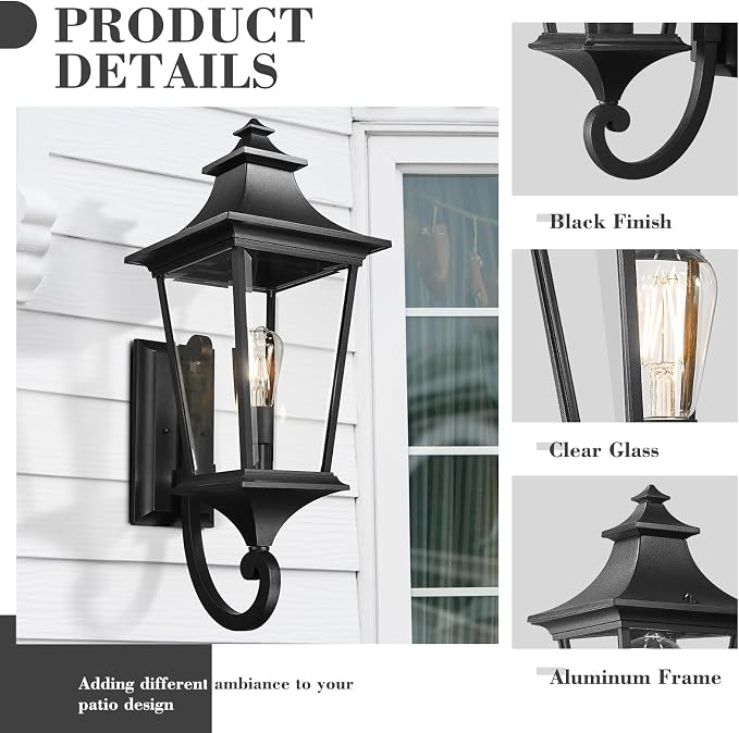 Emliviar 29.3 Inch Outsider Wall Lantern, Outdoor Wall Light Suitable for House Porch, Clear Glass in Black Finish, XE292UB-L BK