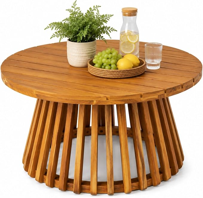 Round Outdoor Coffee Table for Patio, 31.5 Inch Acacia Wood Side Table with Slatted Pedestal Base, Farmhouse Outside Coffee Table for Garden, Balcony, Poolside, Porch, Weather-Resistant, Teak