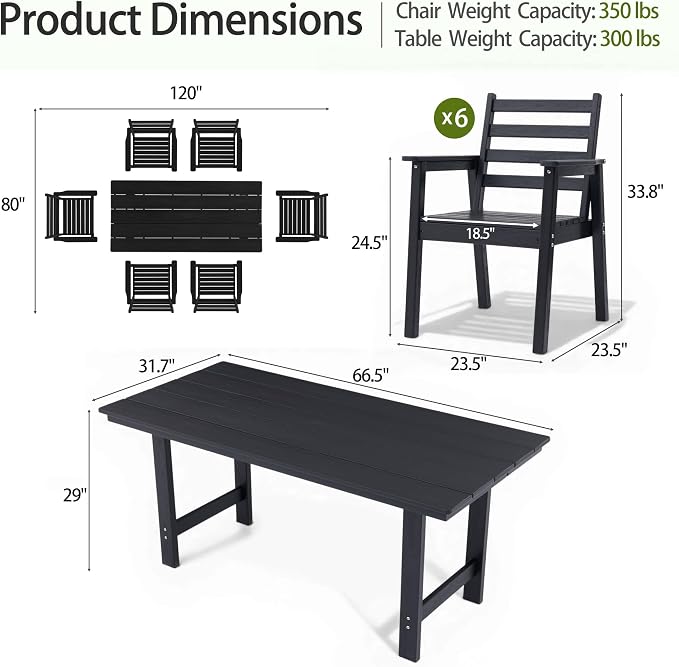 7-Piece Outdoor Dining Set, All-Weather HDPE Patio Furniture, 66.5" Slatted Table with 1.6" Umbrella Hole & 6 Ergonomic Armchairs, Heavy Duty 350lbs Capacity, UV Resistant, Black