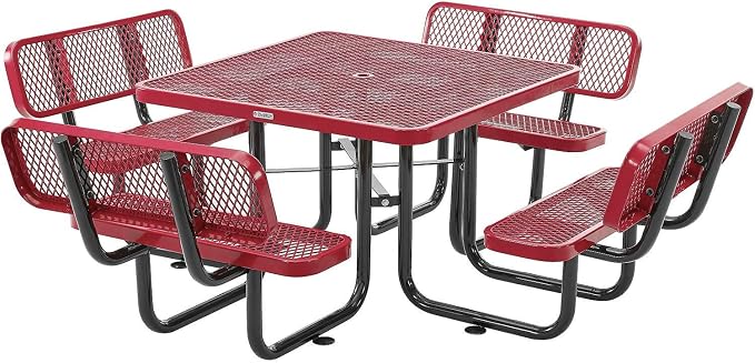 Global Industrial 46" Square Picnic Table with Backrests, Expanded Metal, Red Thermoplastic Coating, 1-1/2" Umbrella Hole, Outdoor-Rated, 1000 Lbs Capacity