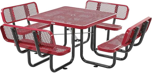Global Industrial 46" Square Picnic Table with Backrests, Expanded Metal, Red Thermoplastic Coating, 1-1/2" Umbrella Hole, Outdoor-Rated, 1000 Lbs Capacity