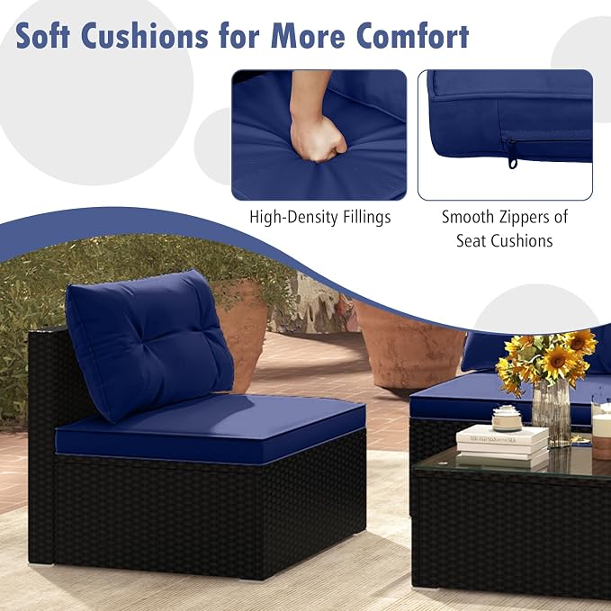 DORTALA 5 Piece Wicker Patio Furniture Set, PE Rattan Outdoor Sectional Conversation Set with Tempered Glass Coffee Table, 4 Chairs for Deck, Backyard, Poolside, Navy