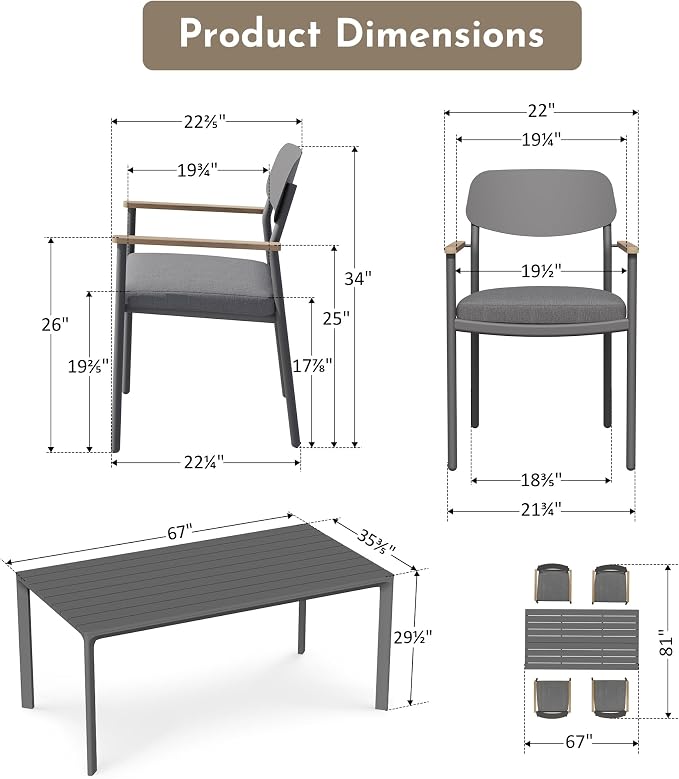 Modern Shade Luxury Outdoor Dining Set for 5, Outdoor Table and Chairs Set with Fade Resistant Cushions & FSC Teak, Premium Aluminum Patio Table and Chairs Set for Elegant Outdoor Living, Gray