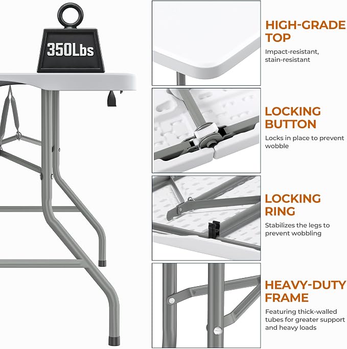 Fenbeli 6FT Folding Table, 350 LBS Heavy Duty Foldable Table with 18% Thicker HDPE Waterproof Top, Fold in Half Portable Table with Handle, Steel Frame for Indoor Outdoor Party Events