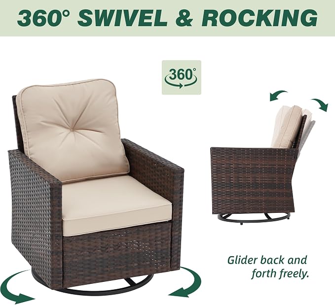 AVAWING 3 Pieces Patio Furniture Set, Wicker Swivel Rocking Chairs with Tempered Glass Side Table, Patio Conversation Set w/Waterproof Cushions for Garden, Balcony and Porch, Beige