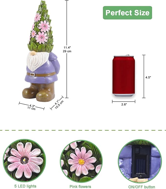 Nacome Solar Garden Outdoor Statues Gnome with Succulent | 7 LED Lights, Lawn Decor Statue for Patio, Balcony, Yard Ornament, Gifts for Mom Grandma Women