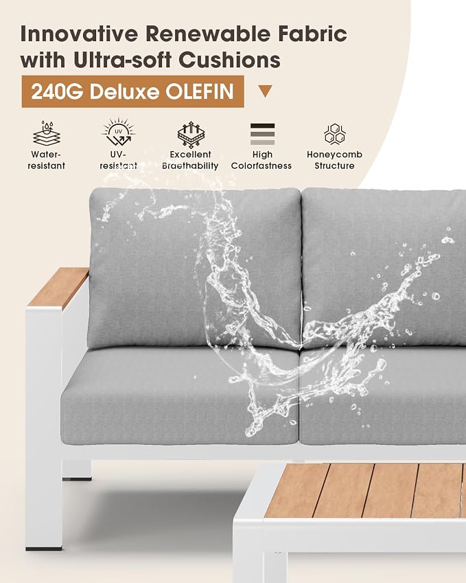 Aluminum Outdoor Patio Furniture 3 Seats, All-Weather Outdoor Patio Sofa with Washable Thick Cushion, Morden Patio Couch for Porch, Balcony, Deck, Yard, White