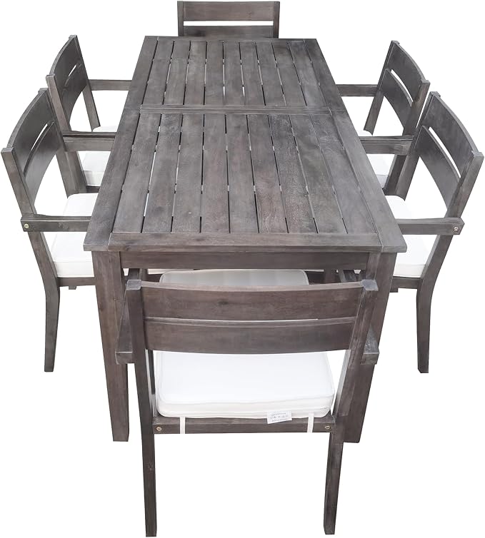 SOFTSEA 7 Pieces Wood Patio Dining Set, Acacia Wood Outdoor Dining Set for 6, Gray