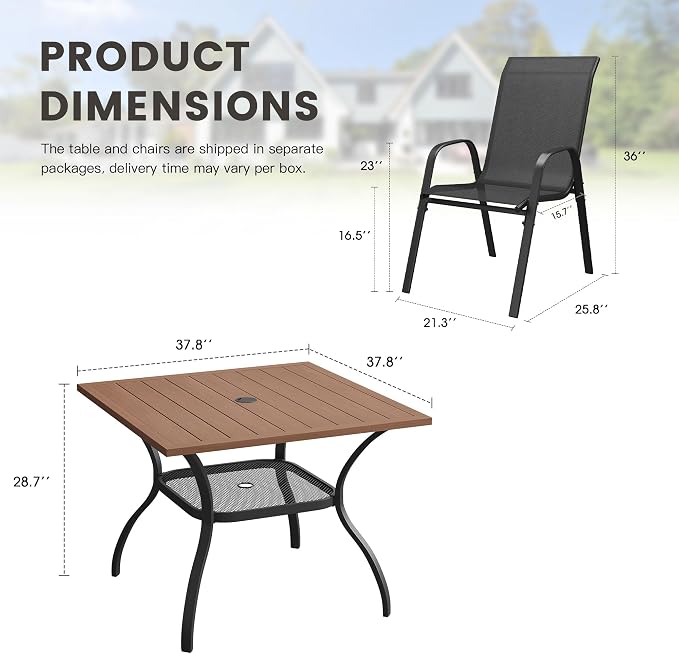 5 Pieces Outdoor Dining Set, 37.8" Square Table with Umbrella Hole & Stackable Patio Dining Chairs, Patio Table and Chairs Set for Deck Garden Porch, Black Chairs & Walnut Table