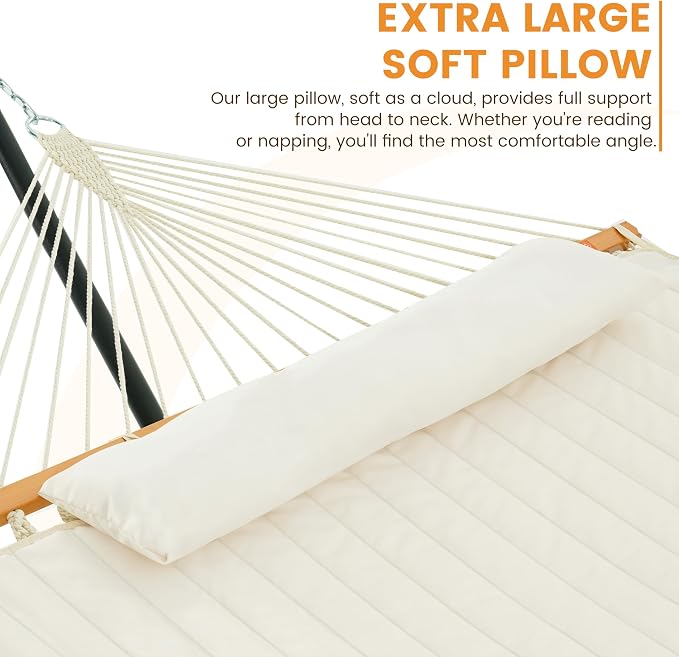 Lazy Daze Hammocks 2 Person Portable Hammock with 12FT Stand, Double Hand Woven Cotton Rope Hammock with Detachable Quilted Pad & Pillow for Outside, 450lb Capacity, Natural