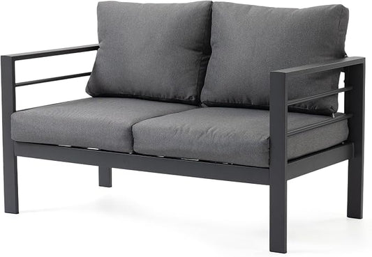 4-Piece All-Weather Metal Patio Furniture Set, Sectional Conversation Sofa w/Coffee Table, Heavy Duty Steel Frame & Washable Cushions for Backyard Garden (Grey, Loveseat)