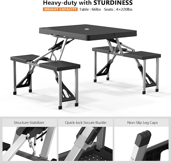 VINGLI 4Ft Portable Folding Picnic Table Camping Table Foldable Set with 4 Seats with Umbrella Hole Suitcase Card Table-220 Lbs Support Aluminum Frame, Plastic RV Tabletop for Yard, Travel