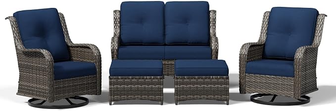 Joyside 5 Piece Wicker Patio Furniture Set, Outdoor Swivel Rocker Patio Chairs with High Back, Deep Seating, Wide Armrest, Thickened Cushions, Outdoor Furniture for Deck, Porch Use