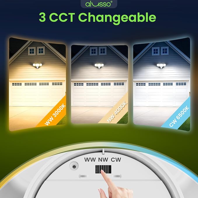 ALUSSO Motion Sensor Outdoor Lights Hardwired(Not Solar),40W 4500LM Flood Lights Outdoor 120V,3 Modes(Dusk to Dawn/Auto/On Time), 3CCT 3000K/4000K/6500K Security Light for Garage Yard Porch,White,ETL