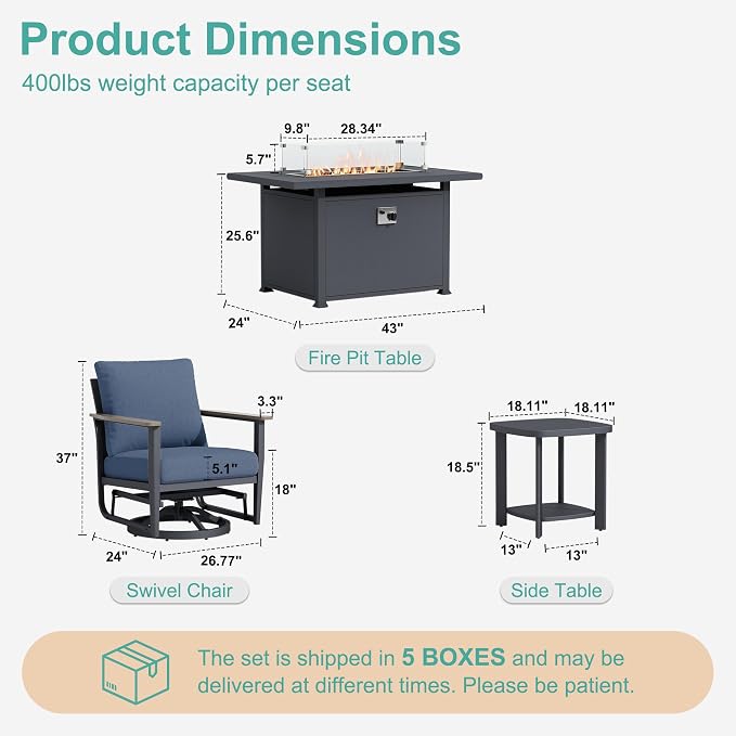 10Pcs Patio Rocking Swivel Chair with 55,000 BTU Fire Pit Table Outdoor Aluminum Bistro Set with Coffee Table, Patio Furniture Set with High Backrest & Thickened Cushions, Navy Blue