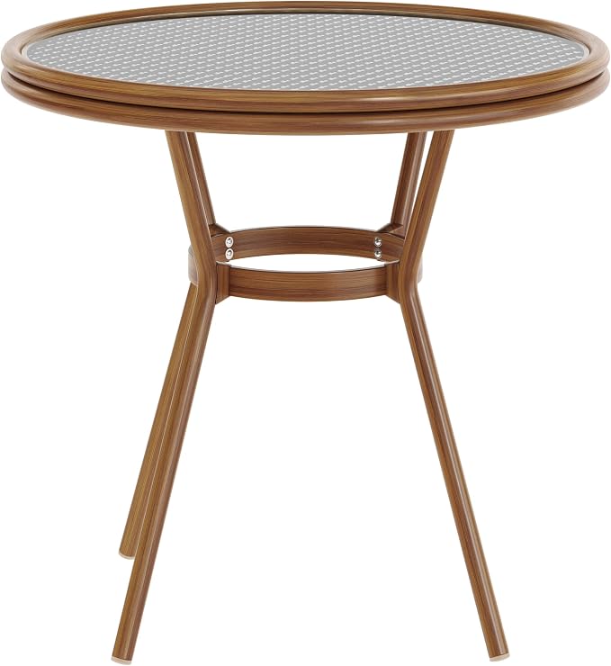 EMMA + OLIVER Colmar Indoor/Outdoor Bistro Table - Black & White Woven PE Rattan Pattern - Tempered Glass Top - Bamboo Finish Metal Frame - 31.5 in.