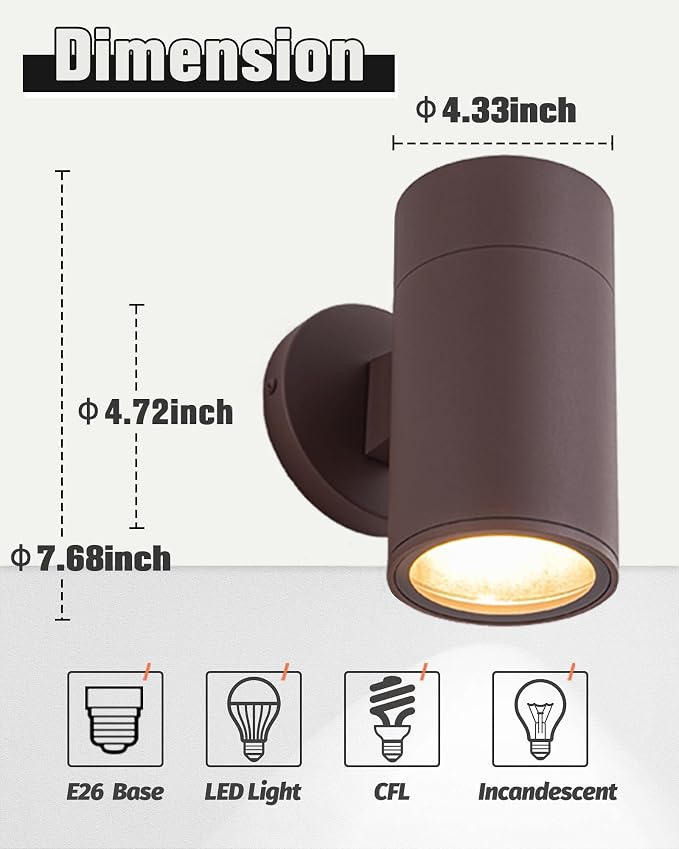 Ken & Ricky Modern Aluminum Outdoor Wall Sconce Lights,Brown Color，2 Pack | Downward Outside Wall Light With Glass Cover,No Glare Exterior Lighting Fixtures,For House Front Porch Garage Patio Entryway