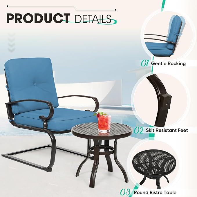 Incbruce 7 Pcs(6 Seats) Wrought Iron Patio Conversation Sets (1 Loveseat, 2 Table, 2 Spring Chair, 2 Dining Chairs), Outdoor Metal Furniture Sets with Peacock Blue Cushion