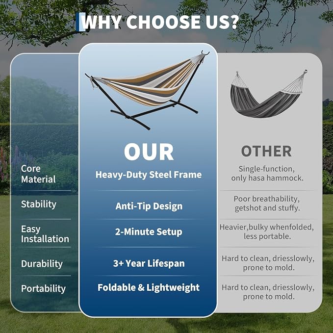Double Hammock with Space-Saving Steel Stand - 2 Person Portable Heavy Duty Hammock with Carrying Bag for Outdoors & Indoors, Easy Assembly, 350 lbs Capacity, Brown Stripes