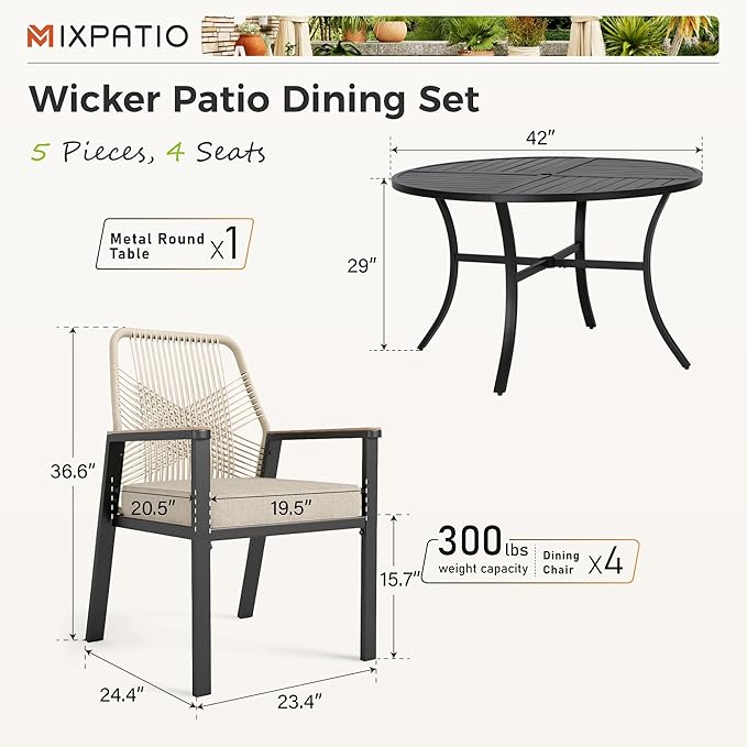MIXPATIO 5 Pieces Round Outdoor Dining Set for 4, Patio Dining Set Wicker Rattan Chairs with Soft Cushion and 42" Round Table with Umbrella Hole, Round Patio Table and Chairs for Backyard Porch
