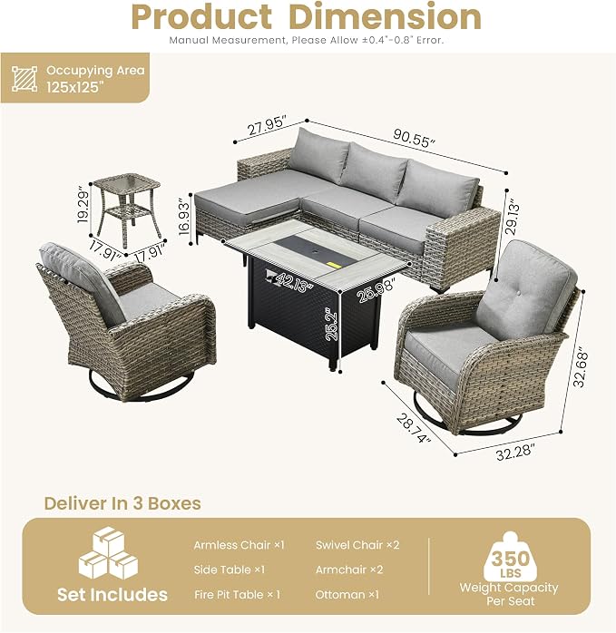 HOOOWOOO Outdoor Sectional Furniture Set with Fire Pit Table,8 Pieces Wicker Patio Conversation Sets,L Shape All Weather Outside Couch Sofa Set with Swivel Chairs Side Table Ottoman,Charcoal Gray