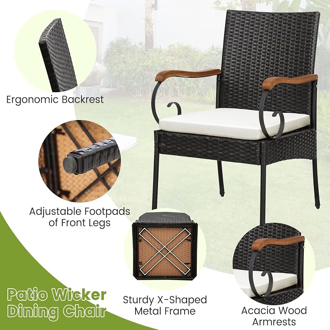 Tangkula 7PCS Patio Rattan Dining Set, Outdoor Wicker Chair & Dining Table Set, Acacia Wood Tabletop & Armrests, 2” Umbrella Hole, Seat Cushions Included, Backyard