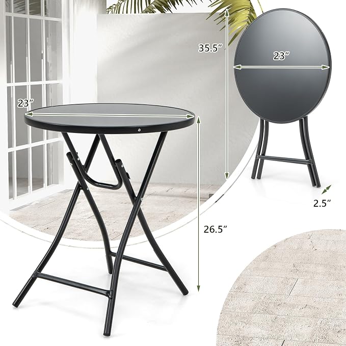 Tangkula 23 Inches Round Folding Table, Outdoor Patio Bistro Table with Tempered Glass Tabletop and Sturdy Metal Frame, Patio Side Table for Porch, Balcony, Deck